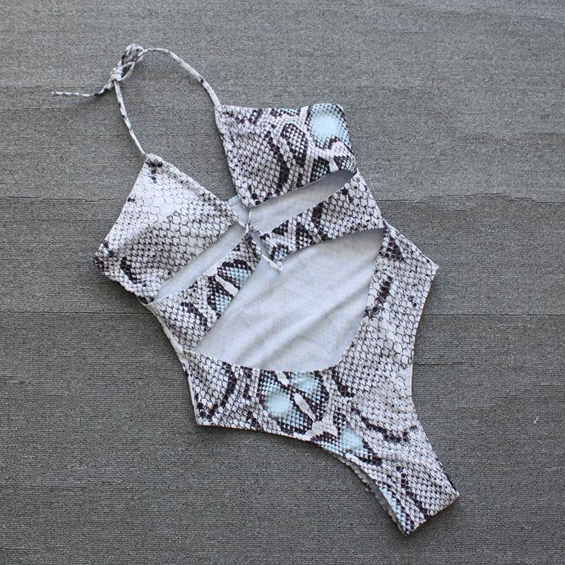 Damen Einteiler Badeanzug mit aufregendem Schlangenprint und modischen Cut-Outs R&B