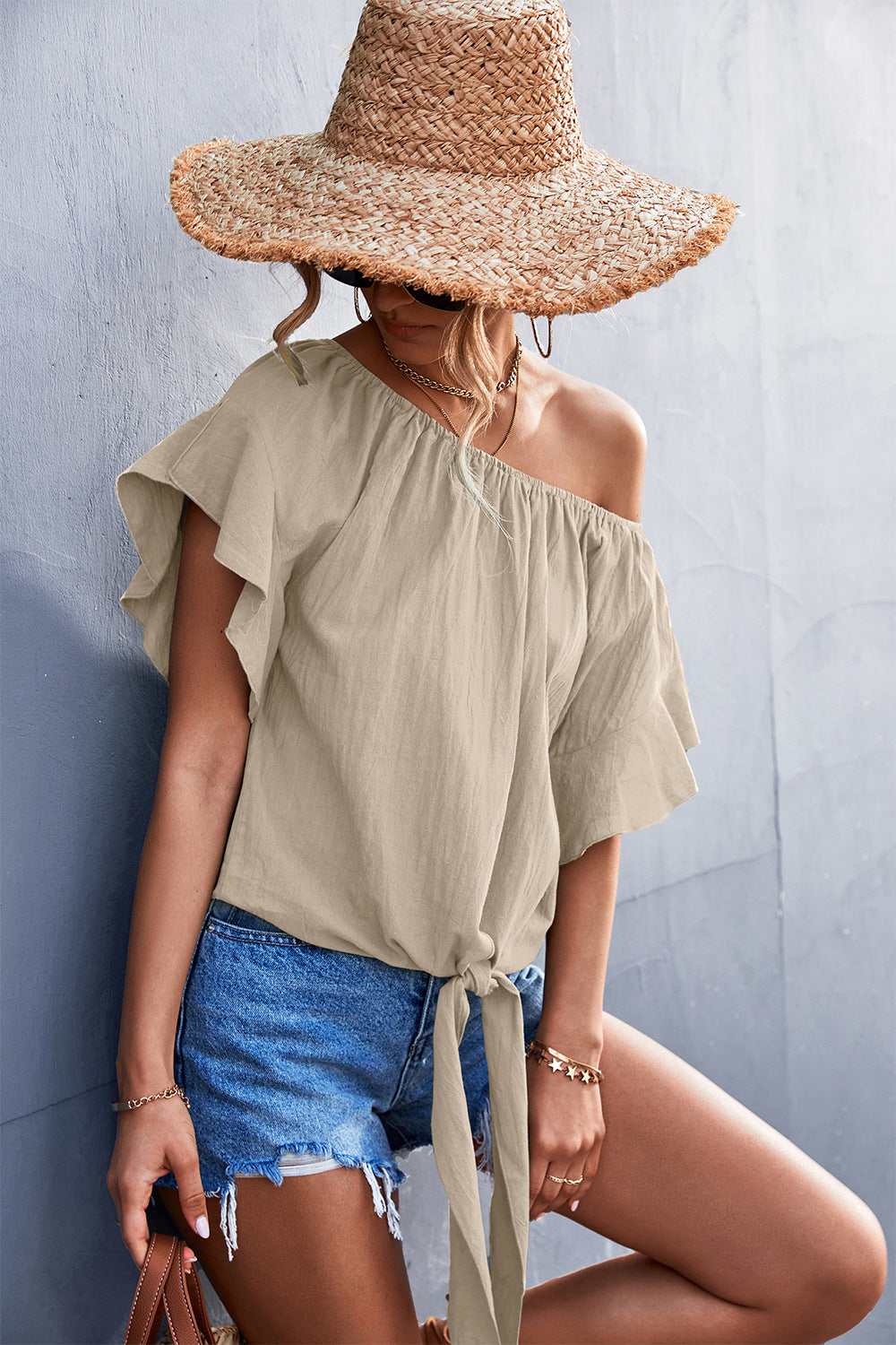 Damen luftiges Blusenshirt mit verspieltem Knoten und voluminösen Ärmeln R&B