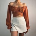 Damen Off-Shoulder Bluse mit Raffung und langen Ärmeln R&B
