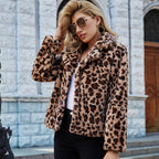 Damen Kuschelige Leopardenmuster-Jacke mit elegantem Kragen und weichem Innenfutter R&B