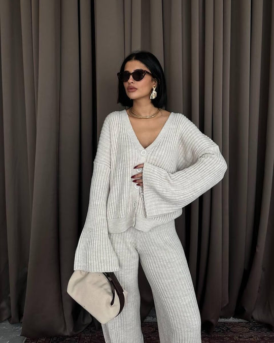 Damen Strick-Loungewear-Set mit weiten Ärmeln und Knopfleiste R&B