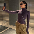 Damen figurbetontes Longsleeve Shirt mit Stehkragen und Reißverschluss R&B