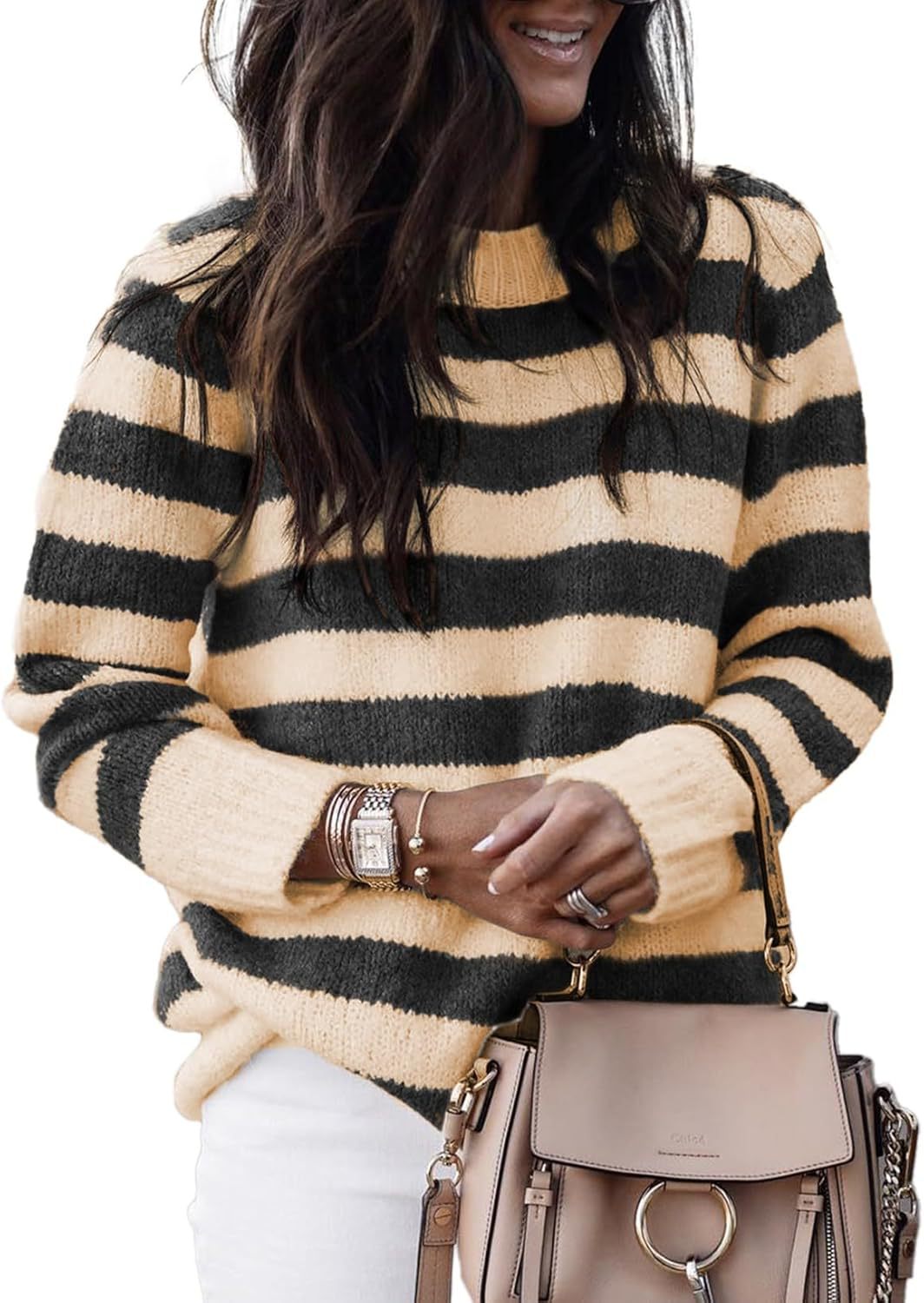 Damen lässiger Strickpullover mit breiten Querstreifen R&B