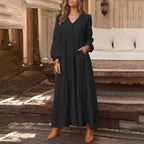 Damen nan luftiges Maxikleid mit V-Ausschnitt, Langarm und Eingrifftaschen R&B