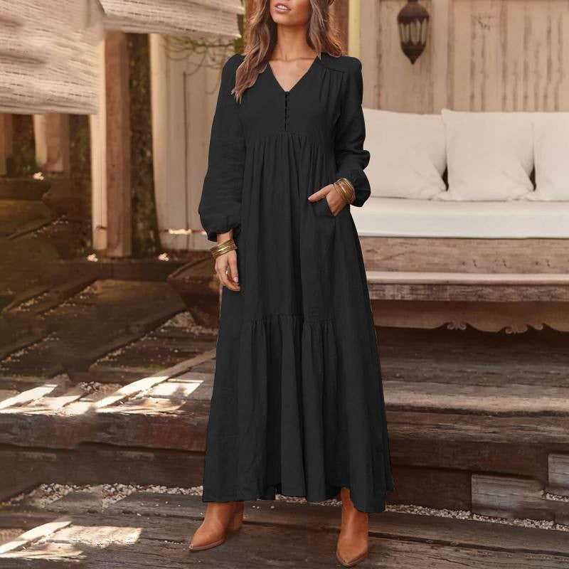 Damen nan luftiges Maxikleid mit V-Ausschnitt, Langarm und Eingrifftaschen R&B