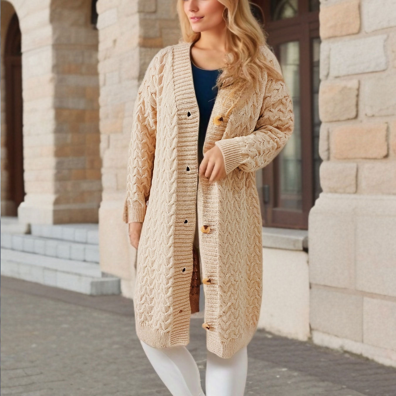 Damen Strickjacke mit strukturierter Zopfstrickoptik und dekorativen Knopfdetails R&B