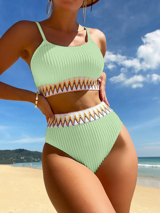 Damen Hochtailliertes Bikini-Set mit modischem Rippdesign und buntem Akzent R&B