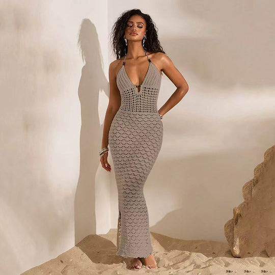 Damen elegantes gehäkeltes Strandkleid mit tiefem V-Ausschnitt R&B