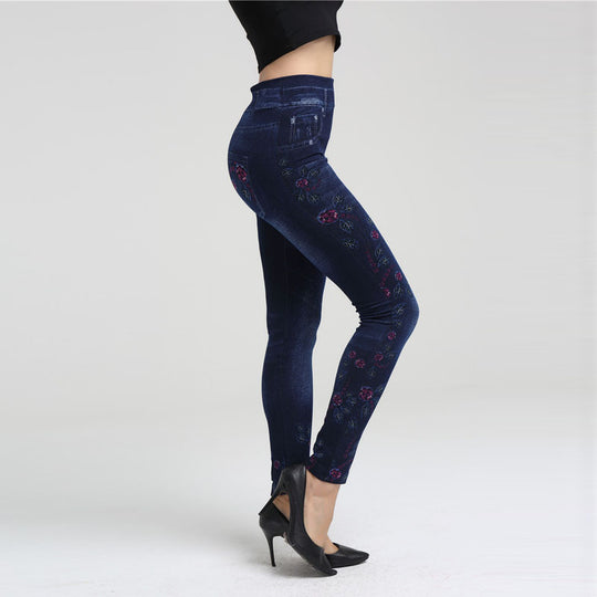 Damen Elegante Jeansleggings mit floralen Applikationen und hohem Bund R&B
