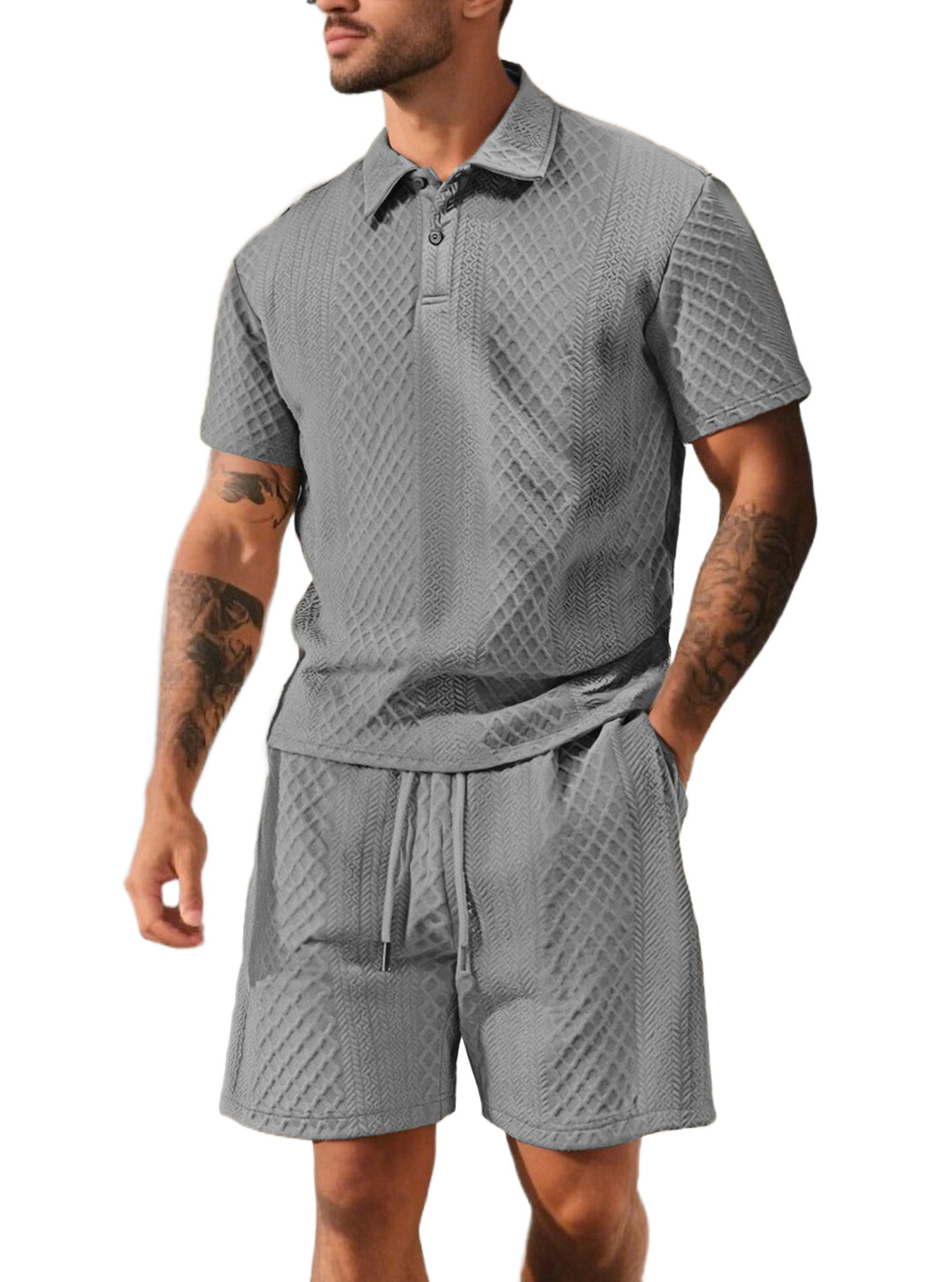 Herren nan strukturiertes Poloshirt- und Bermudashorts-Set aus gesteppter Baumwollmischung R&B