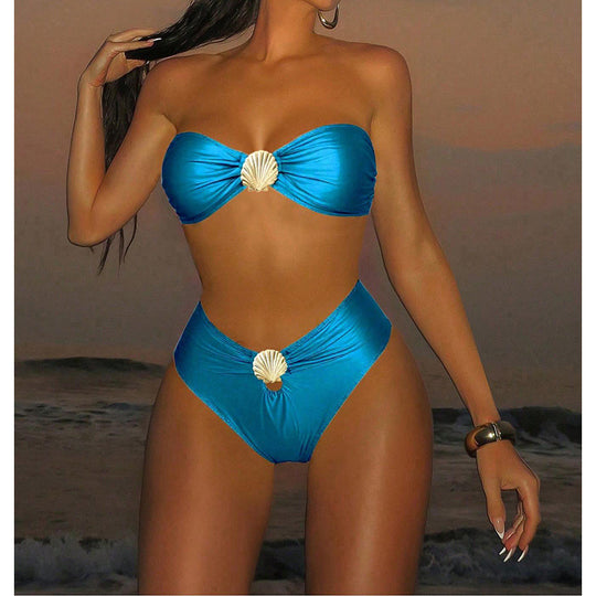 Damen Bandeau-Bikini mit schimmernder Muschel-Applikation R&B