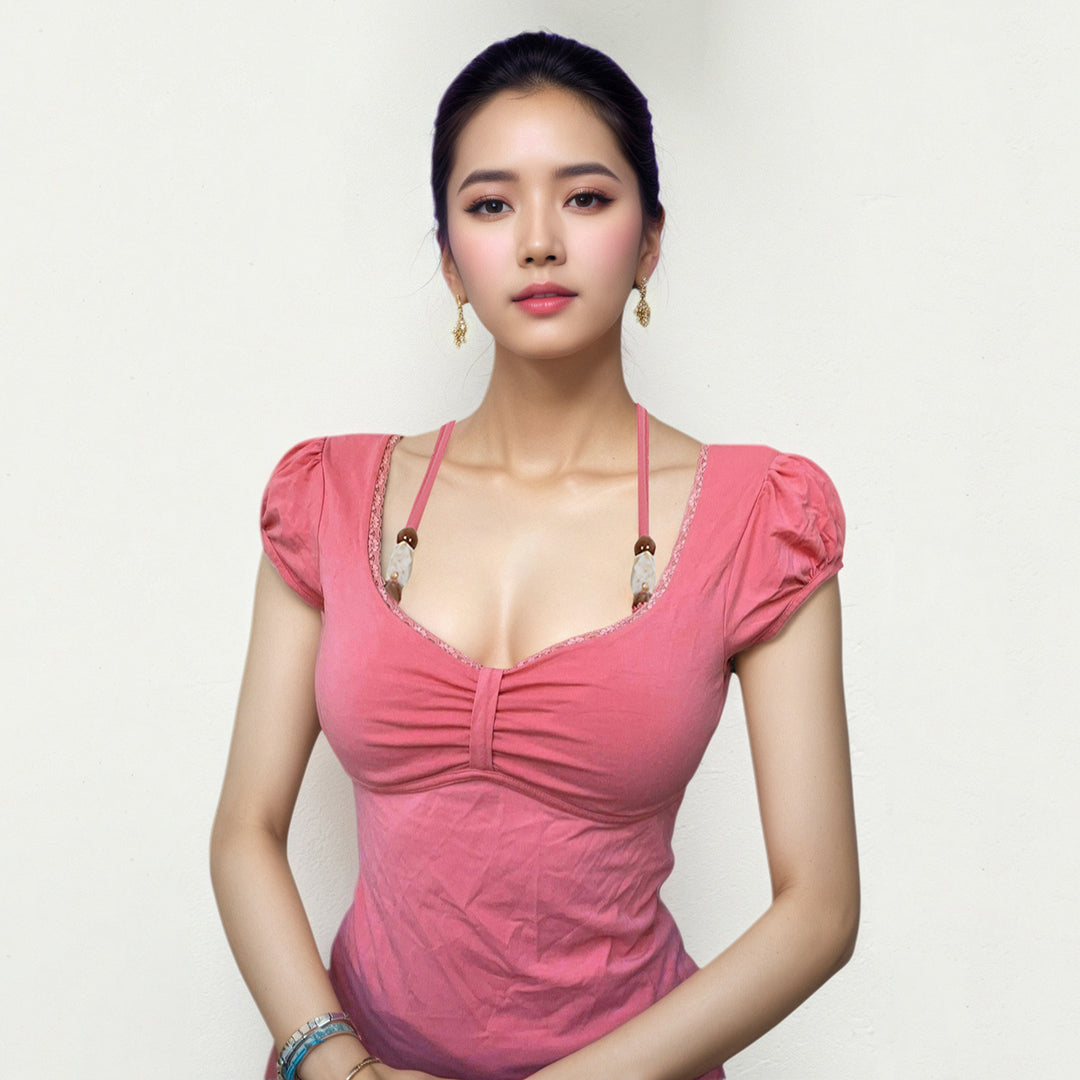 Damen figurbetontes T-Shirt mit verstellbarem Halsband R&B