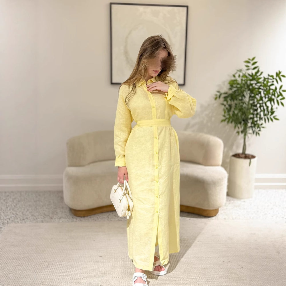 Damen Langarmhemdkleid mit Taillengürtel und Knopfleiste R&B