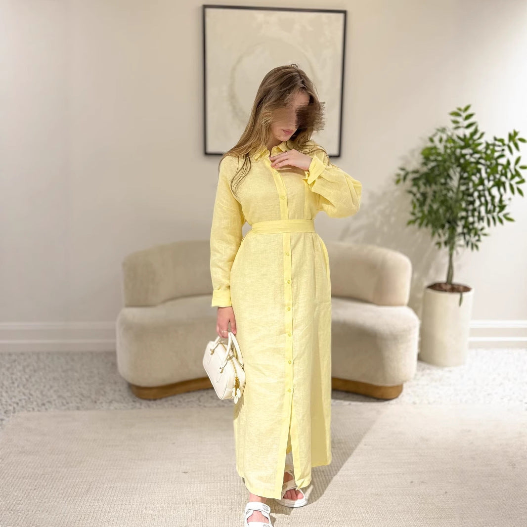 Damen Langarmhemdkleid mit Taillengürtel und Knopfleiste R&B