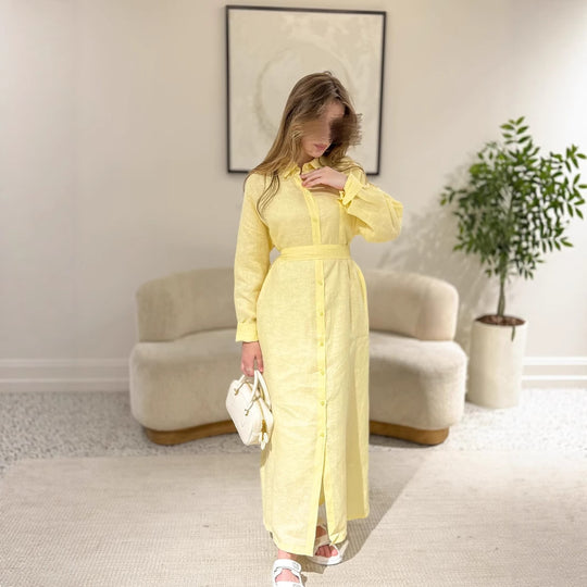 Damen Langarmhemdkleid mit Taillengürtel und Knopfleiste R&B