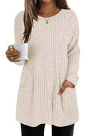 Damen lässiger Strickpullover mit seitlichen Eingrifftaschen und Rippenstruktur R&B