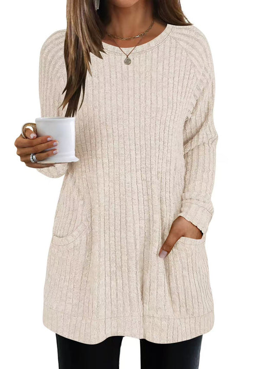 Damen lässiger Strickpullover mit seitlichen Eingrifftaschen und Rippenstruktur R&B