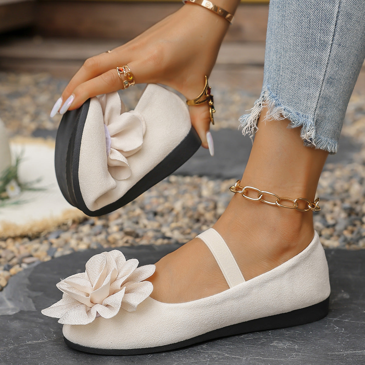 Damen Ballerinas mit floralem 3D-Blüten-Design und elastischem Riemen R&B