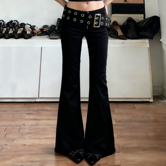 Damen Flared Jeans mit verstellbarem Gürtel und modischem Lochdesign R&B