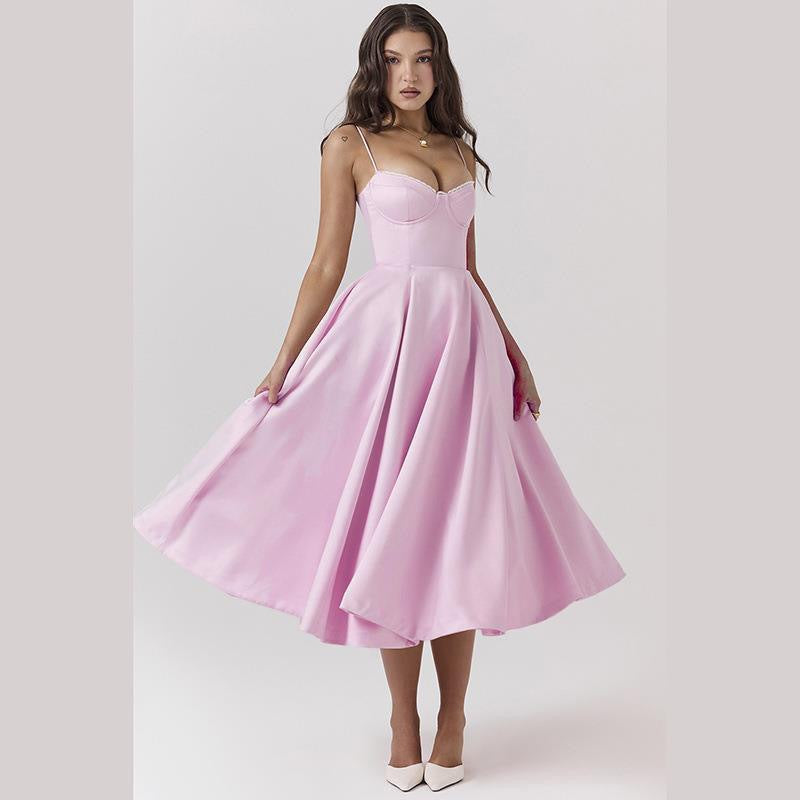 Damen Elegantes Satin Abendkleid mit schwingendem Rock und verstellbaren Spaghetti-Trägern R&B