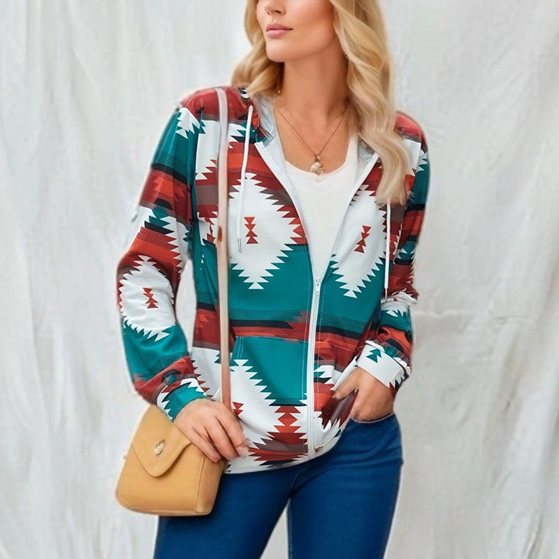 Damen Kapuzenjacke mit tribal inspiriertem Muster und praktischen Taschen R&B