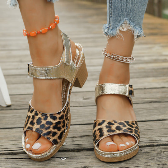Damen Blockabsatz-Sandalen mit modischem Leopardenmuster und verstellbarem Riemen R&B