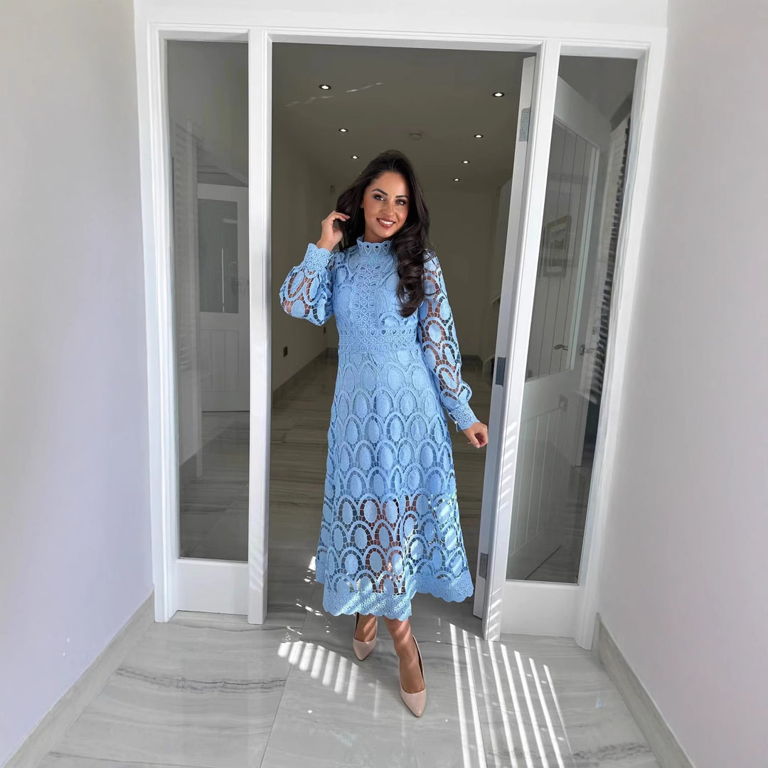 Damen nan gehäkeltes Midikleid mit Stehkragen transparenten Spitzenärmeln und taillierter A-Linie R&B