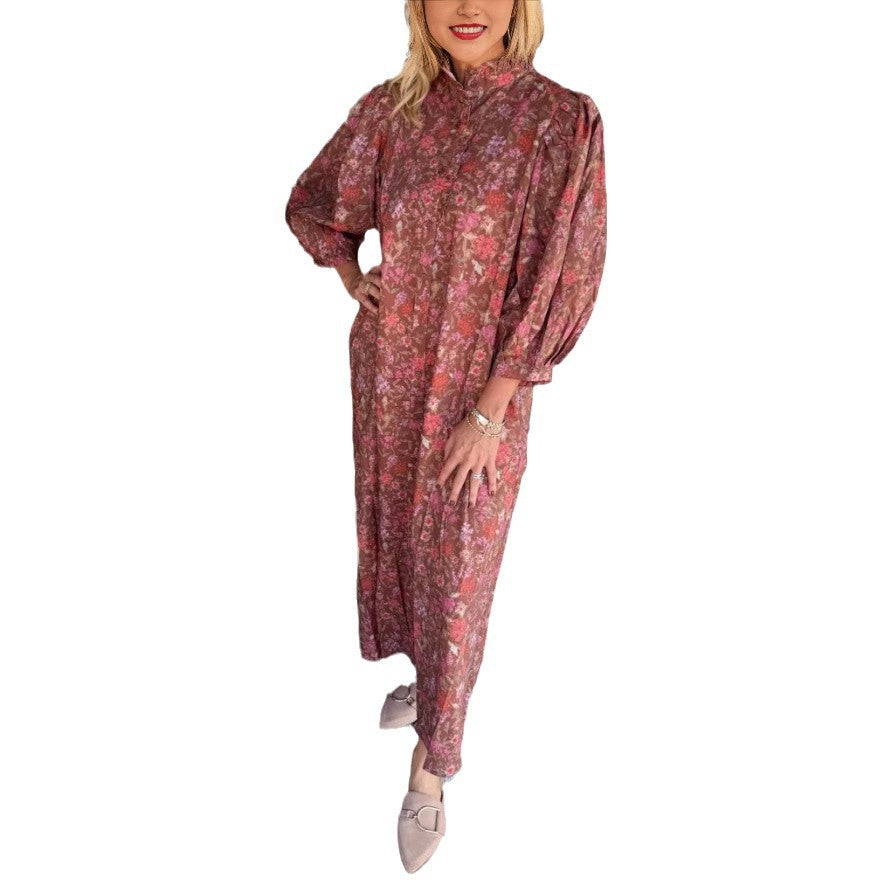 Damen Elegantes Maxikleid mit Stehkragen und weiten Ärmeln R&B