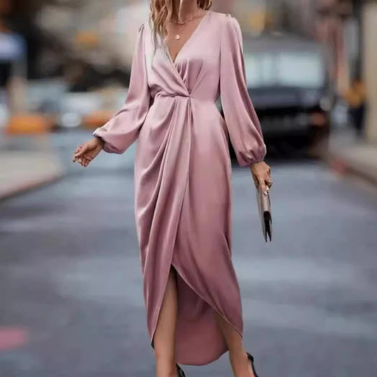Damen nan elegantes Satin-Midikleid mit Twist-Taille V-Ausschnitt und Ballonärmeln R&B
