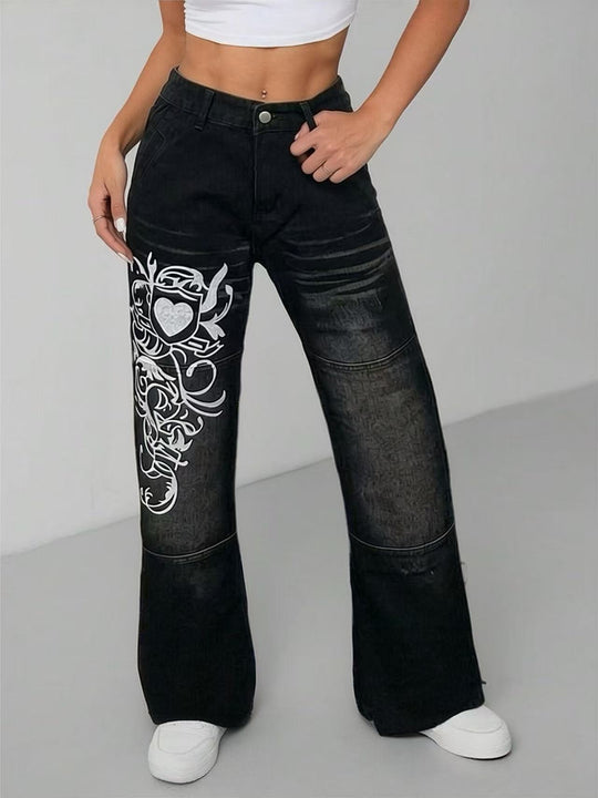 Damen weite Jeans mit kunstvollem Aufdruck R&B