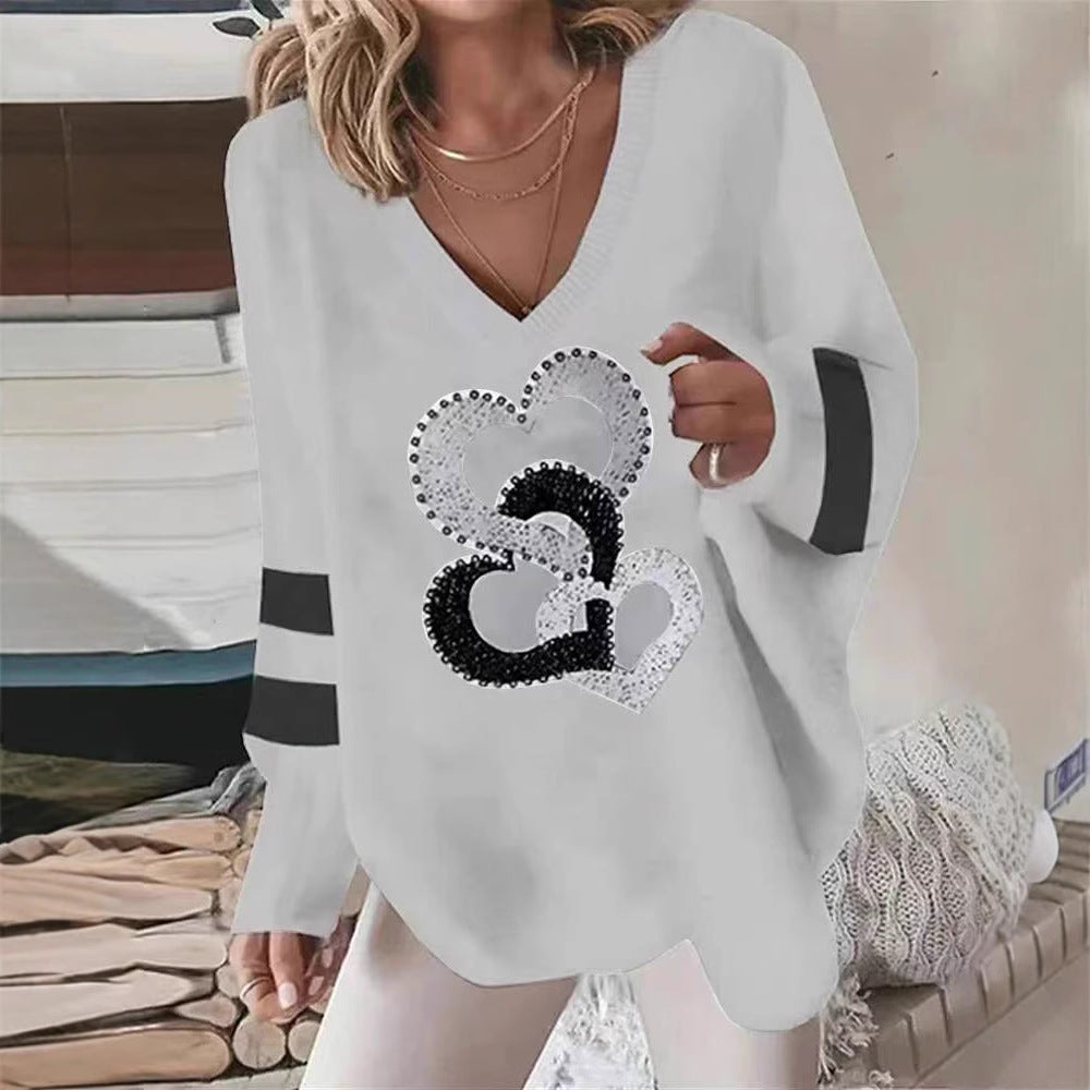 Damen nan übergroßer Strickpullover mit tiefem Ausschnitt Paillettenherz und Kontrastarmstreifen R&B