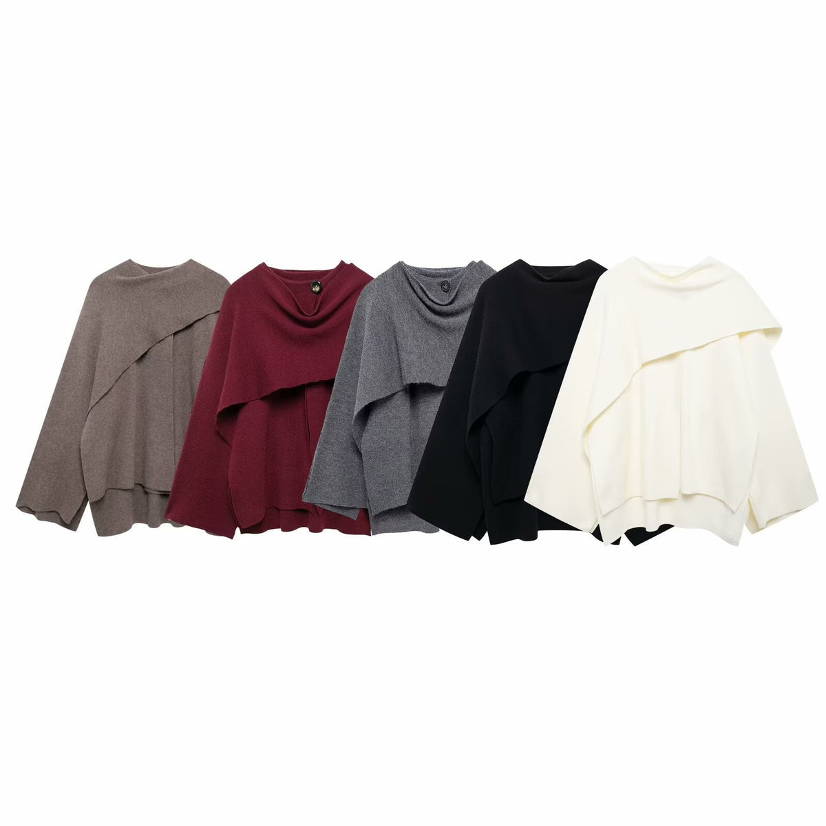 Damen nan zweilagiger Strickponcho mit asymmetrischem Saum und dekorativem Knopfkragen R&B