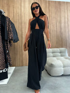 Damen Jumpsuit mit tiefem V-Ausschnitt und weiten Beinen R&B