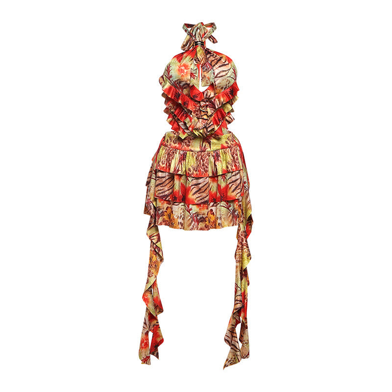 Damen Rüschenkleid mit floralen Motiven und verstellbarem Träger R&B