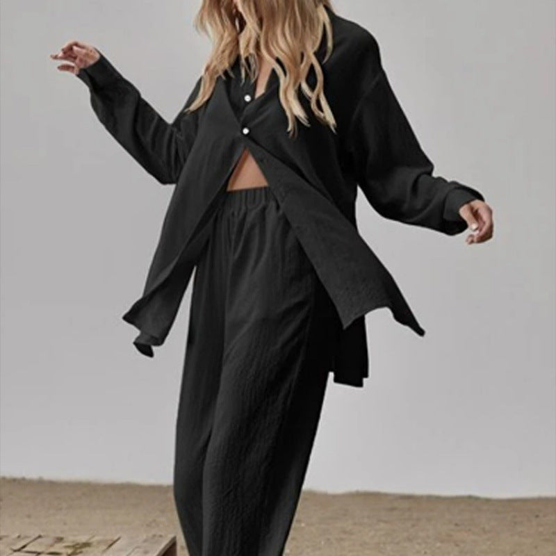 Damen Satin Pyjama Set mit langärmliger Bluse und weiten Hosen R&B