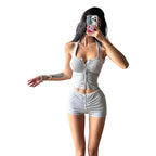 Damen Sportliches Zweiteiler-Set mit Knopfleiste und gerafftem Design R&B