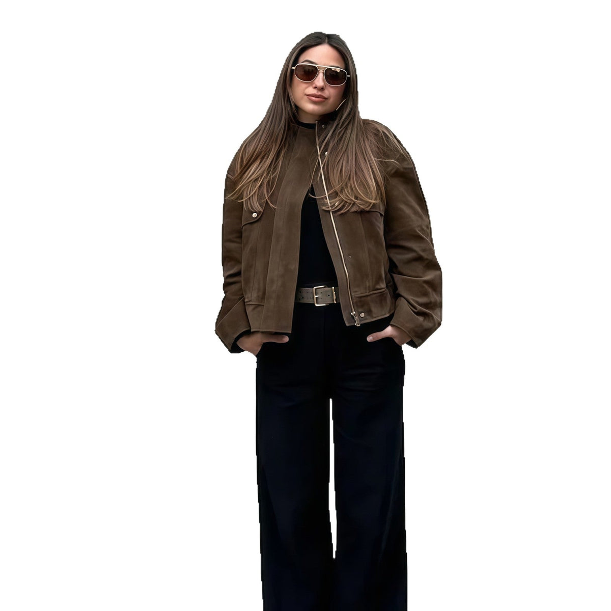 Damen Elegante Kunstlederjacke mit modernem Stehkragen R&B