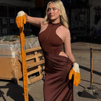 Damen Elegantes Maxikleid mit figurformendem Halterneck und drapiertem Rock R&B
