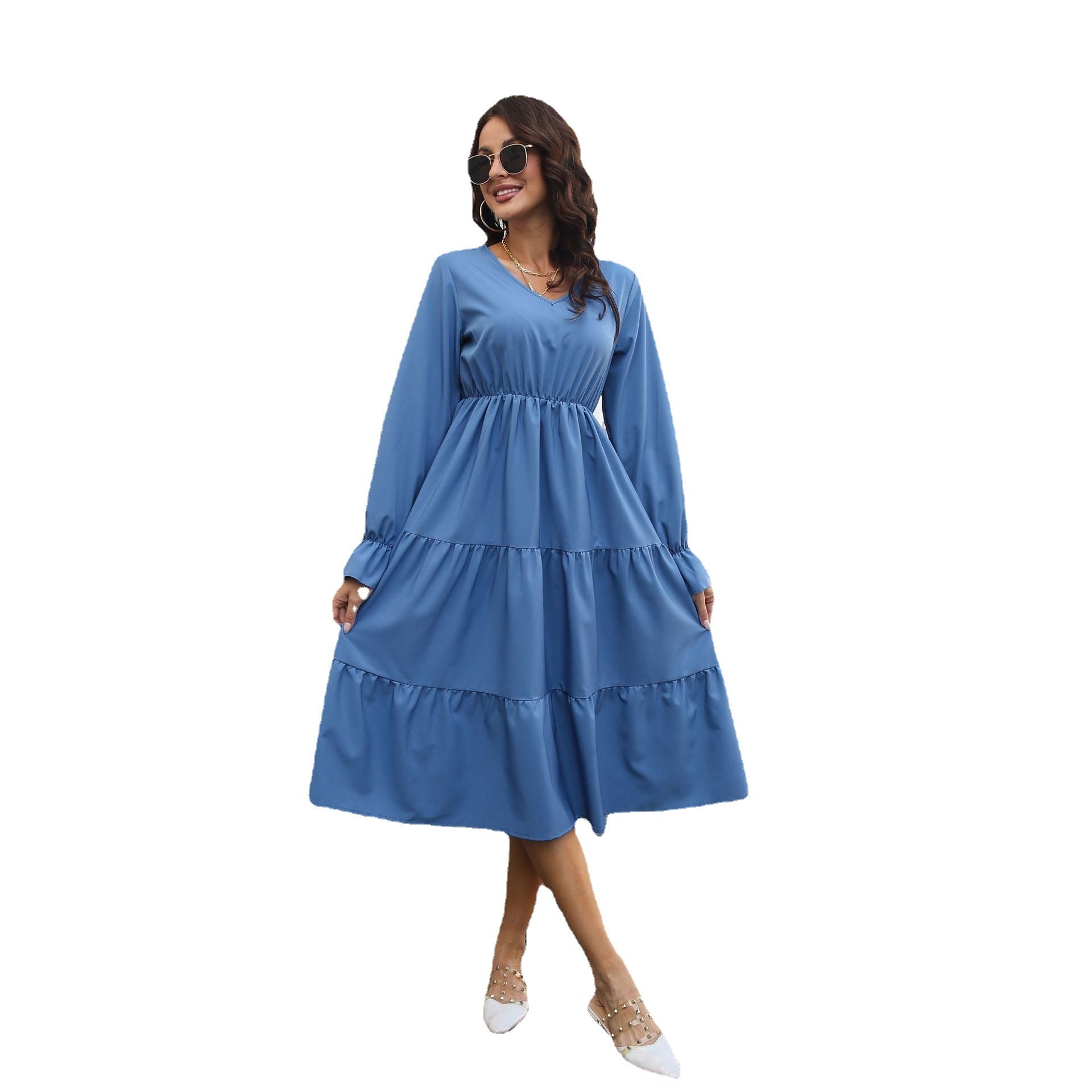 Damen Midi-Kleid mit voluminösen Rüschendetails und tailliertem Schnitt R&B