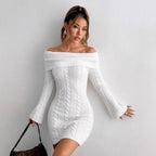 Damen Off-Shoulder Strickkleid mit Zopfmuster und voluminösen Ärmeln