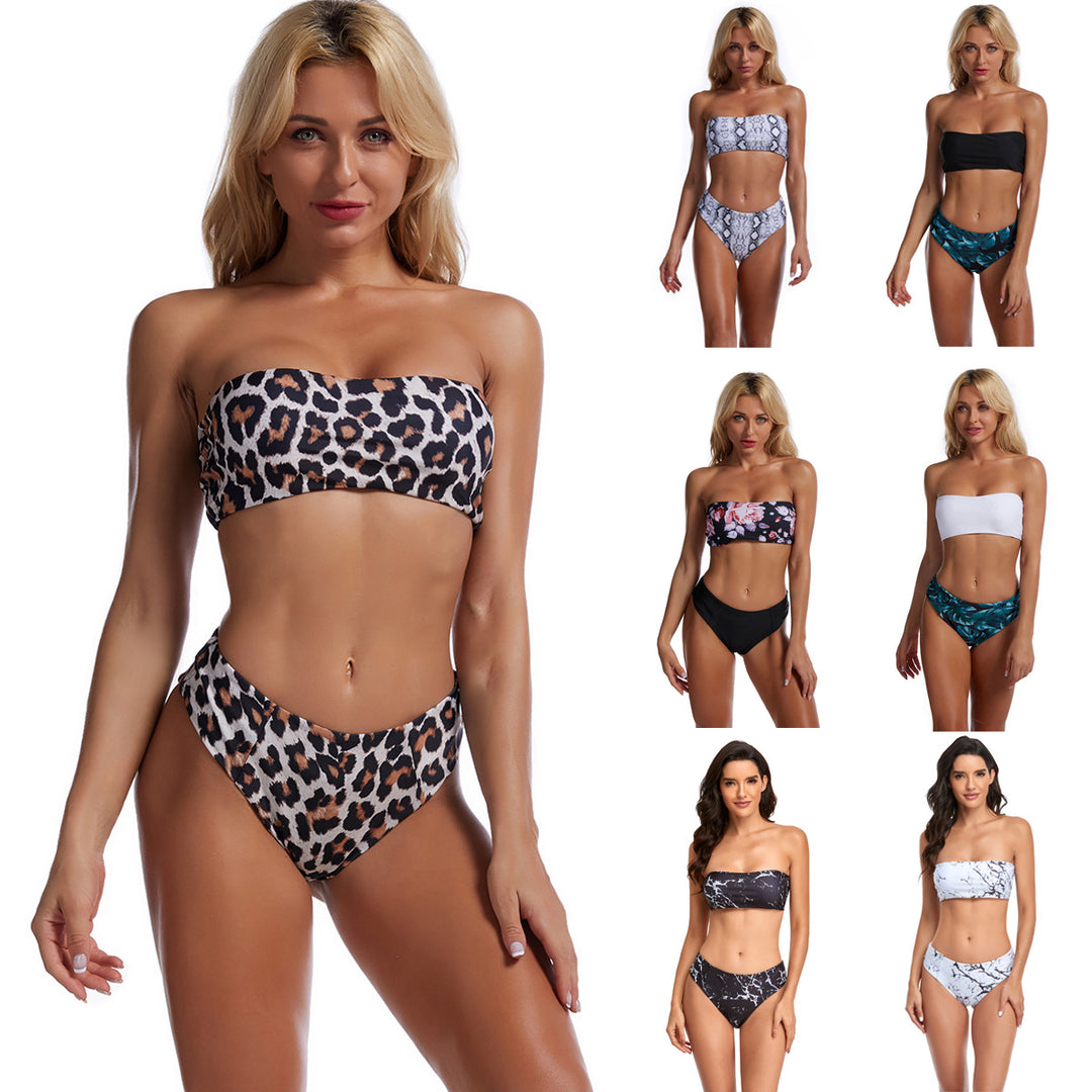 Damen Bandeau-Bikini mit floralem Oberteil und hohem Bund R&B