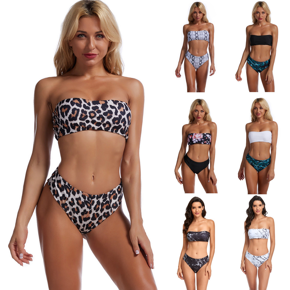 Damen Bandeau-Bikini mit floralem Oberteil und hohem Bund R&B