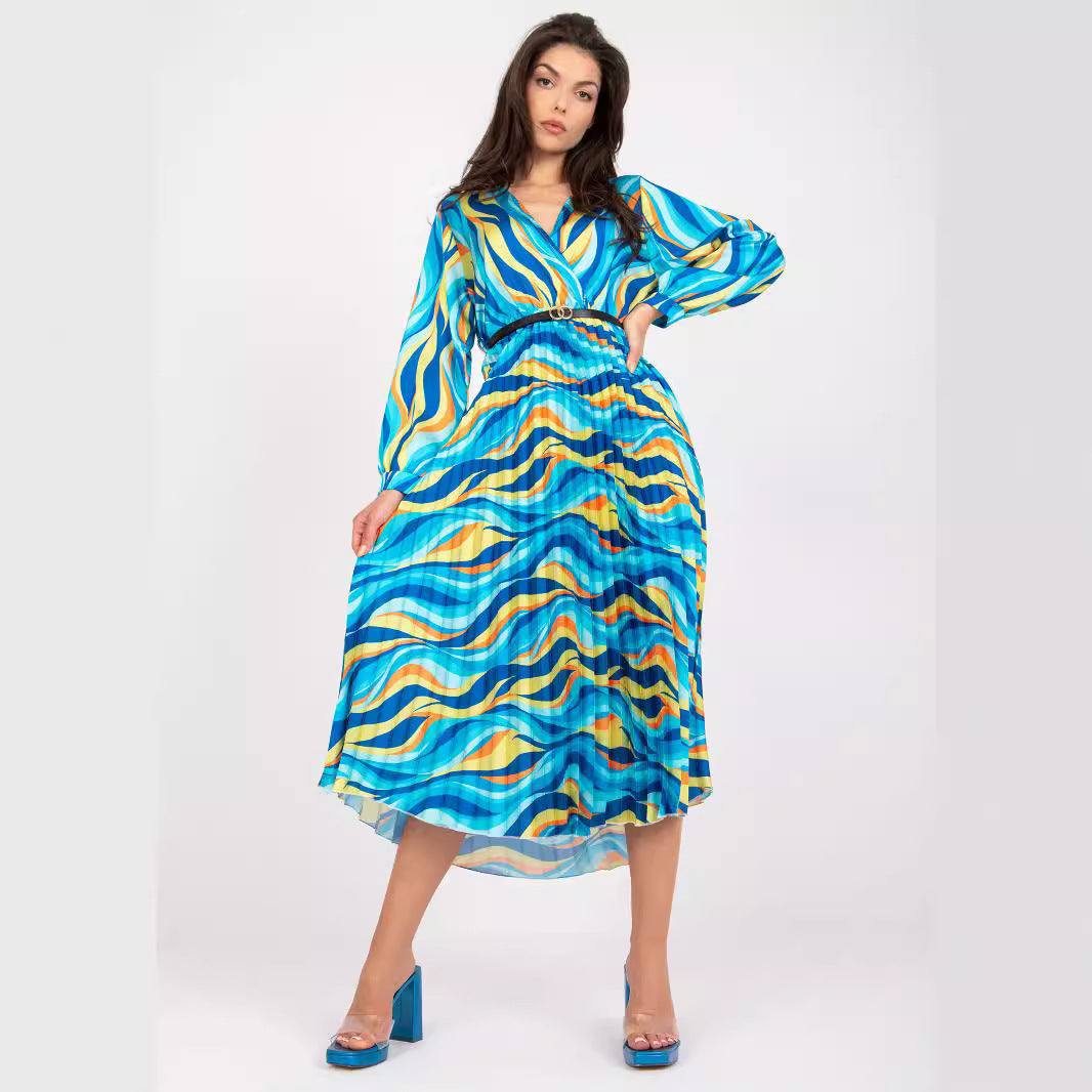 Damen Plisseekleid mit Wellenmuster und tailliertem Design R&B