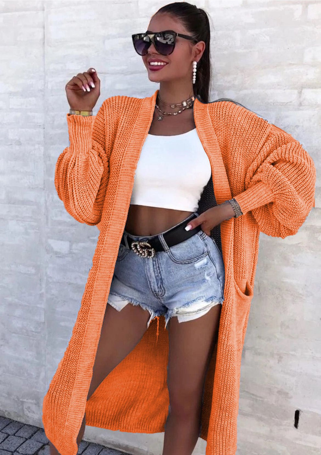Damen Langer Strickcardigan mit weiten Ärmeln und praktischen Taschen R&B