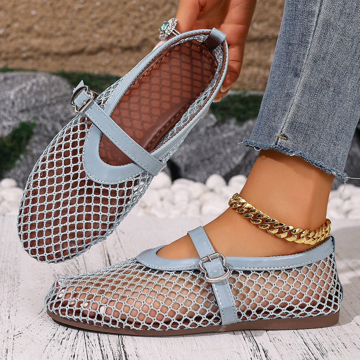 Damen Stilettos mit netzartigem Obermaterial und moderner Schnallenapplikation R&B