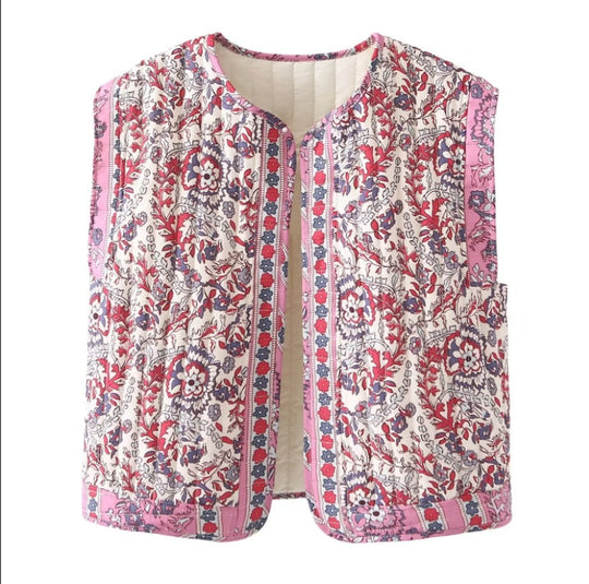 Damen Gesteppte Weste mit Floralem Design und Praktischen Taschen R&B