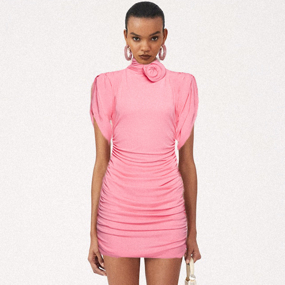 Damen figurbetontes Kleid mit hochgeschlossenem Kragen und Rüschen-Details R&B