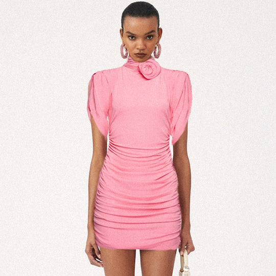 Damen figurbetontes Kleid mit hochgeschlossenem Kragen und Rüschen-Details R&B
