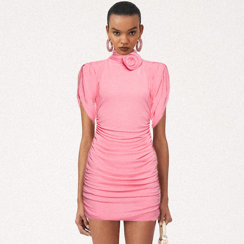 Damen figurbetontes Kleid mit hochgeschlossenem Kragen und Rüschen-Details R&B