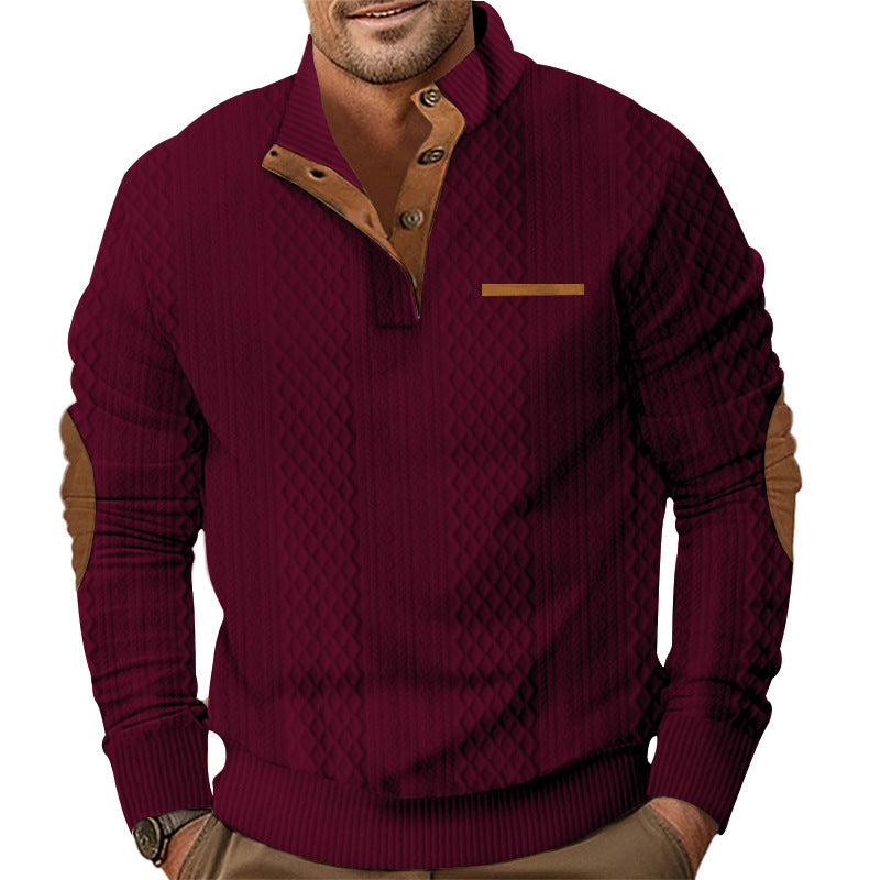Herren nan strukturierter Strickpullover mit Stehkragen, Knopfleiste und Ellenbogenpatches R&B